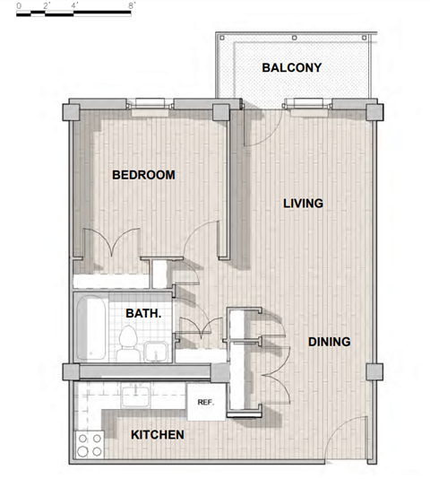 Floor plan for 1 bed, 1 bath, 512 sqft